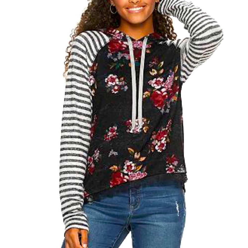 Rewind Lace Trim Floral and Stripes Hoodie Pullover, S